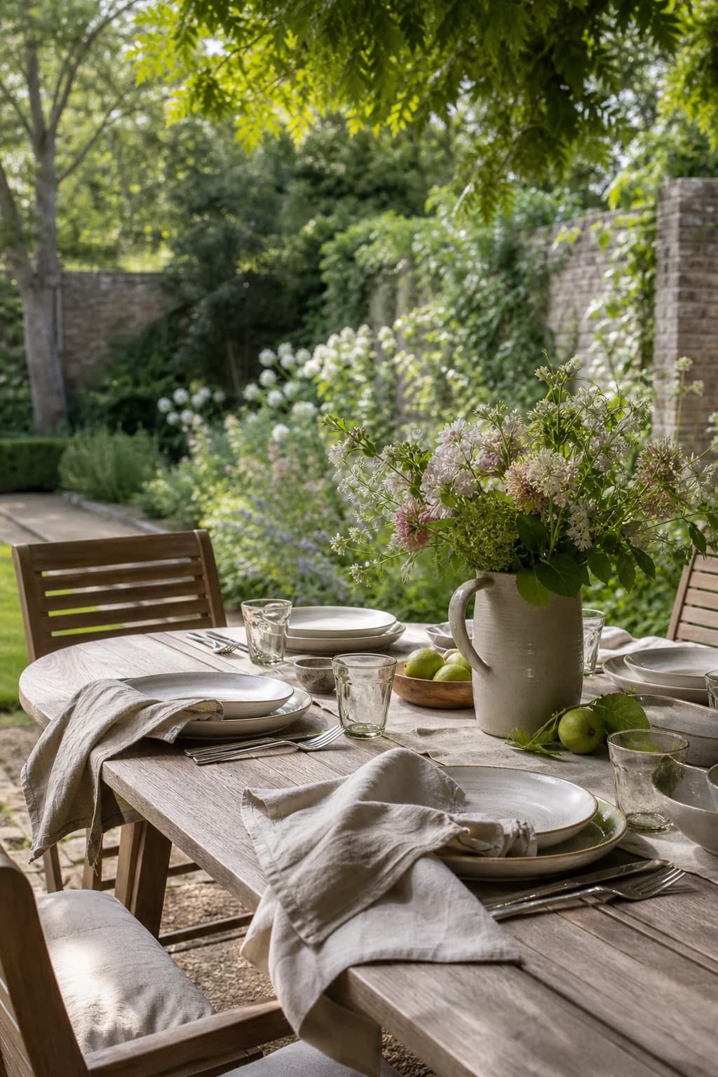 An outdoor dining table laid for lunch in a green walled garden