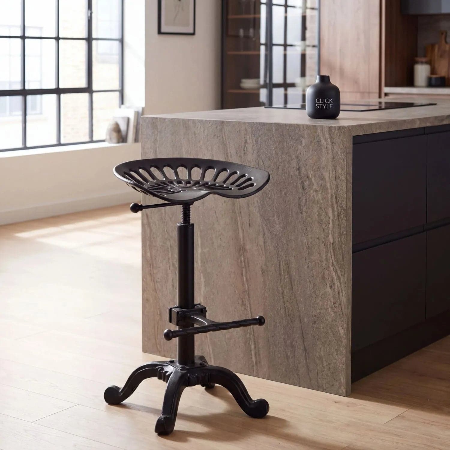 Black Industrial Style Heavy Duty Metal Adjustable Bar Stool with Tractor Seat & Footrest 86x37x37cm