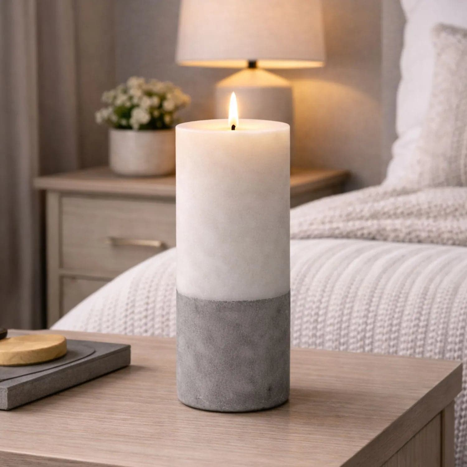 Grey Stone-Effect LED Pillar Candle with Flickering Flame 20x7.5cm