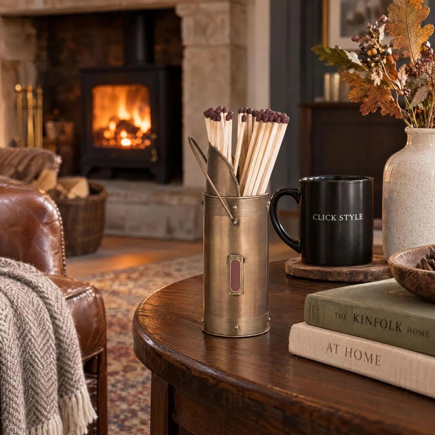 Antique Bronze Metal Matchstick Holder with 60 Long Matches & Built-In Striker – Decorative Fireside Match Holder 20x7x7cm