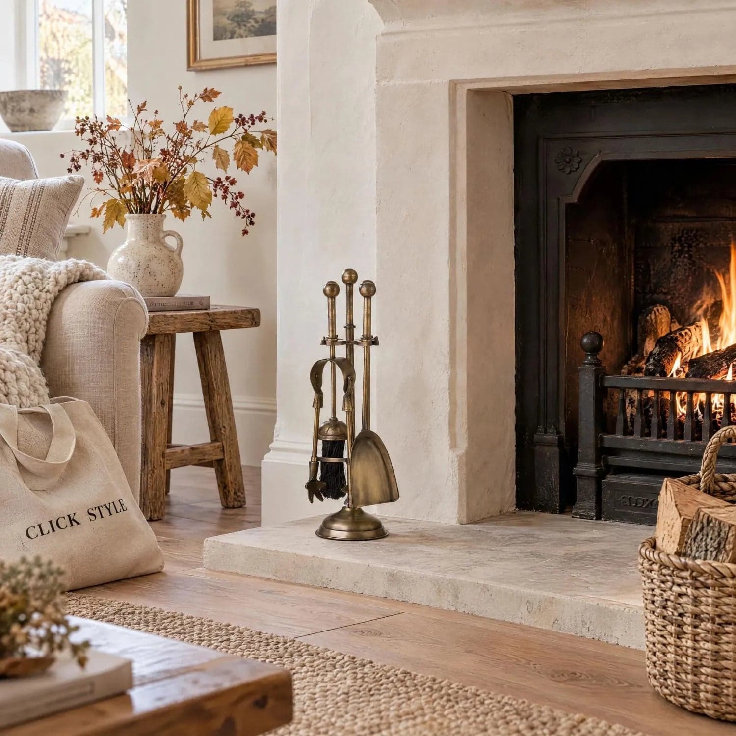 Antique Brass Fireside Companion Set with Ball-Topped Handles – 4 Piece Metal Fireplace Tool Set 40x12x12cm